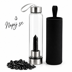 Skleněná krystalová láhev na vodu Napij se ochrany – Přírodní obsidiánová špice | 550 ml