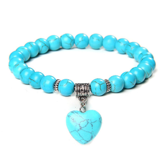Tyrkenit + Srdce náramek elastický z přírodního kamene, kulička 8 mm / 19 cm, kámen mladých lidí, hledá životní cíl