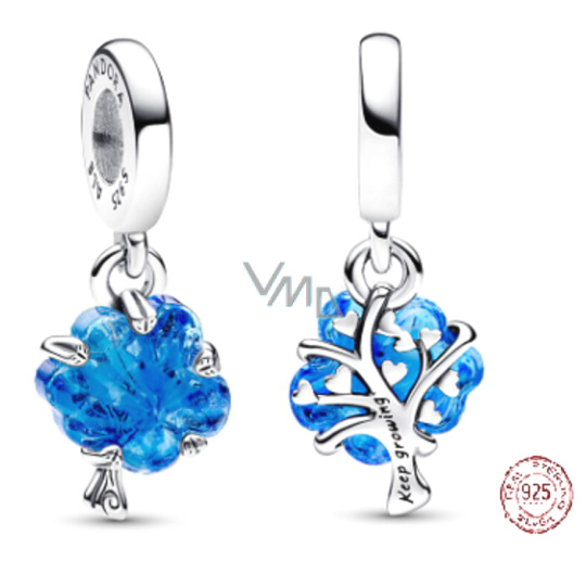 Charm Sterlingové stříbro 925 Strom života z modrého skla Murano, přívěsek na náramek příroda