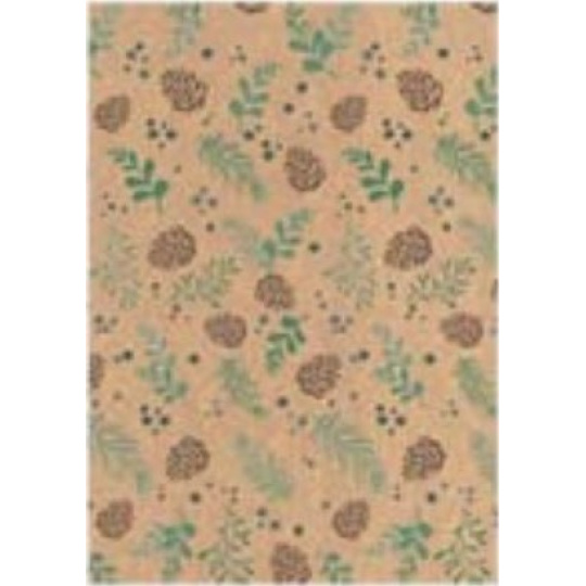 Ditipo Dárkový balicí papír 70 x 200 cm Vánoční KRAFT Zelené větvičky, hnědé šišky