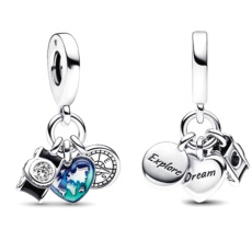 Charm Mapa světa v srdci, kompas, fotoaparát 3v1, přívěsek na náramek cestování