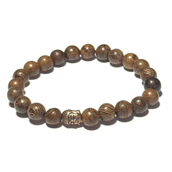 Náramek dřevěný přírodní tmavý 8mm/ 16 - 17cm, budha, síla přírody