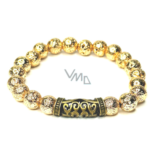 Láva zlatá barva pokovovaná náramek elastický přírodní kámen, kulička 8 mm / 16 - 17 cm, zrozen ze čtyř živlů