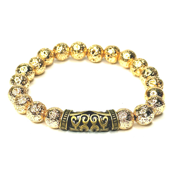 Láva zlatá barva pokovovaná náramek elastický přírodní kámen, kulička 8 mm / 16 - 17 cm, zrozen ze čtyř živlů