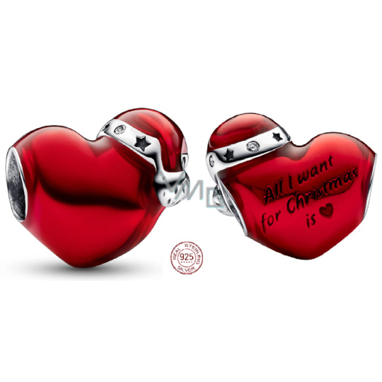 Charm Sterlingové stříbro 925 Červené vánoční srdce, korálek na náramek Vánoce Charm Sterlingové stříbro 925 Červené vánoční srdce, korálek na náramek Vánoce