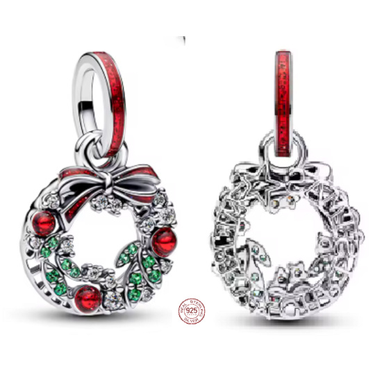 Charm Sterlingové stříbro 925 Vánoční věnec, symbol radosti a lásky, přívěsek na náramek vánoce