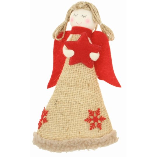 Anděl jutový s červenými křídly hvězda na postavení 19 cm