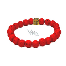 Láva jasně červená s královskou mantrou Óm, náramek elastický přírodní kámen, kulička 8 mm / 16 - 17 cm, zrozen ze čtyř živlů