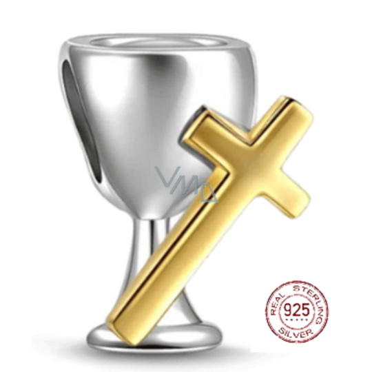 Charm Sterlingové stříbro 925 Náboženská kouzla Kalich a kříž - svaté přijímání,korálek na náramek náboženství