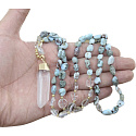 108 Mala Larimar náhrdelník meditační šperk, přírodní kámen surový křišťál, nuget 6 - 9 mm, přívěsek 8 - 15 x 45 - 70 mm