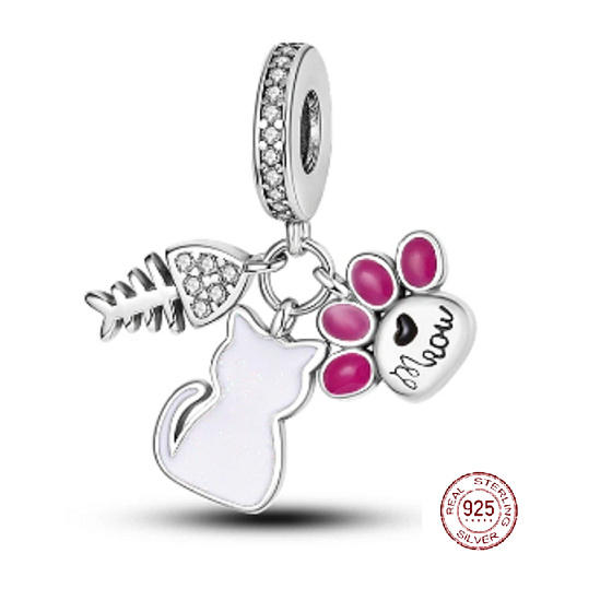 Charm Kočka, tlapka, ryba - meow, 3v1 přívěsek na náramek mazlíček