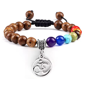 Čakrový náramek OM symbolem + Dřevo, ručně pletený, nastavitelná velikost, kulička 8 mm