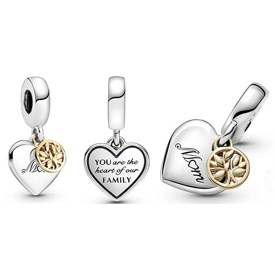 Charm Strom života, srdce, máma, 2v1 přívěsek na náramek rodina