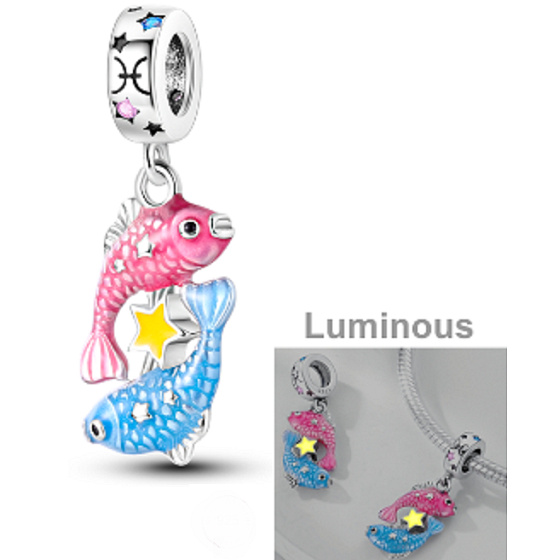 Charm Znamení zvěrokruhu Ryby, zářící ve tmě luminozní přívěsek na náramek