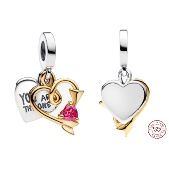 Charm Sterlingové stříbro 925 Srdce a šíp - Gravírovatelný přívěsek 2v1- Následuj své srdce, přívěsek na náramek láska