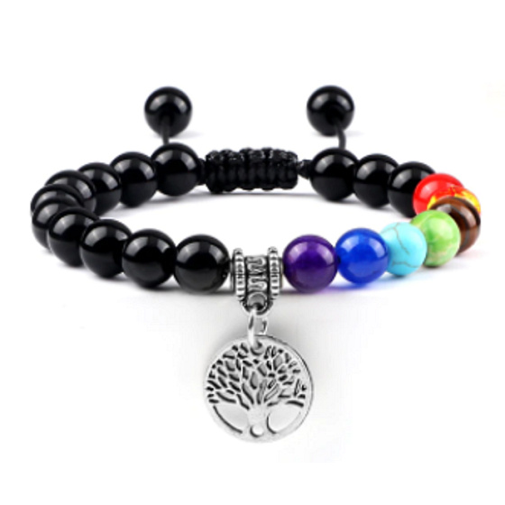 Čakrový náramek Strom života + Obsidian, přírodní kámen, ručně pletený, nastavitelná velikost, kulička 8 mm, kámen záchrany