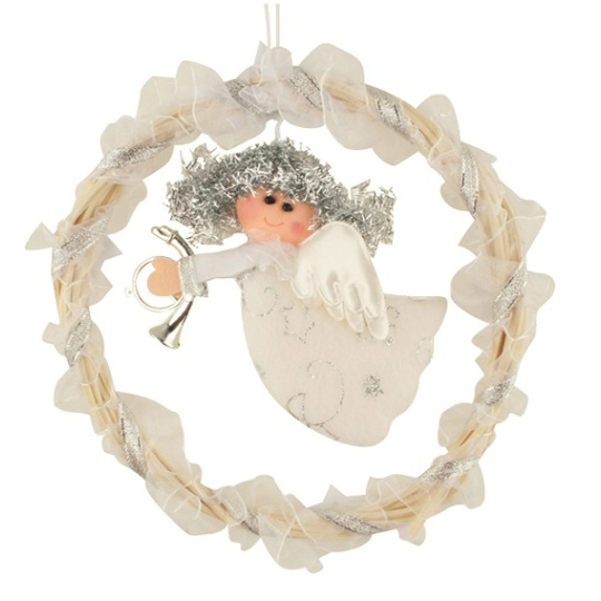 Anděl stříbrný s trumpetkou ve věnečku na zavěšení 16 cm, 1 kus