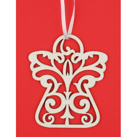 Anděl dřevěný bílý, glitr na zavěšení 10 cm