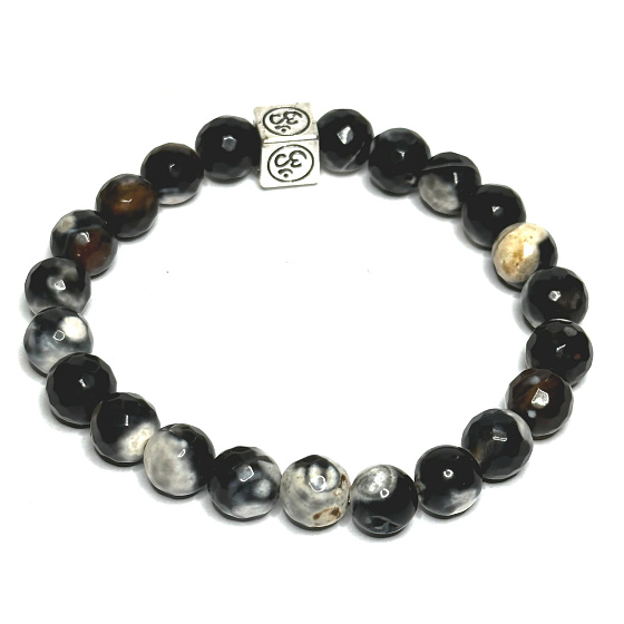 Achát černo-bílý krajkový fazet s královskou mantrou Óm náramek elastický přírodní kámen, kulička 8 mm / 16 - 17 cm, přináší do života úspšch