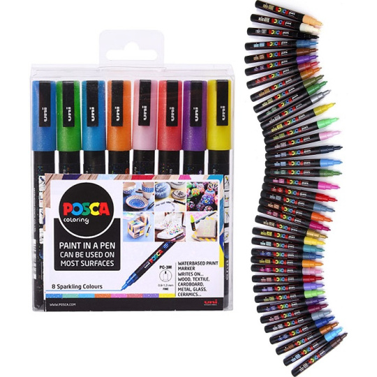 Posca Uniwersalny zestaw markerów akrylowych 0,9 - 1,3 mm Mix błyszczących kolorów 8 sztuk PC-3M