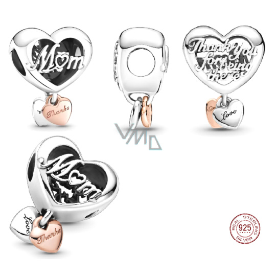 Charm Sterlingové stříbro 925 Srdce a nápis Děkuji, maminko, korálek na náramek rodina Charm Sterlingové stříbro 925 Srdce a nápis Děkuji, maminko, korálek na náramek rodina