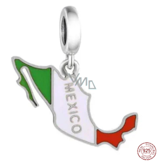Charm Sterlingové stříbro 925 Mexiko vlajka - houpající se mapa, přívěsek na náramek cestování Charm Sterlingové stříbro 925 Mexiko vlajka - houpající se mapa, přívěsek na náramek cestování