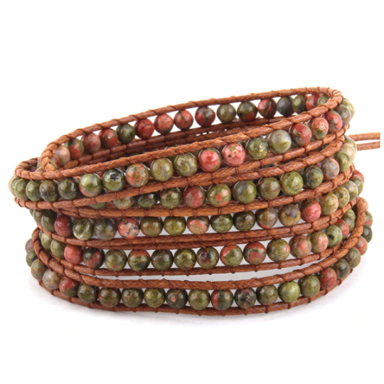 Unakit náramek přírodní kámen zavinovací 5 pramenů ručně pletený kulička 4 mm / cca 90 cm + 10 cm, kámen osobního růstu a vizí Unakit náramek přírodní kámen zavinovací 5 pramenů ručně pletený kulička 4 mm / cca 90 cm + 10 cm, kámen osobního růstu a vizí