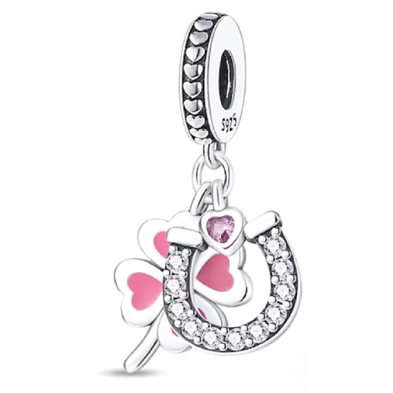 Charm Čtyřlístek pro štěstí, podkova, srdce, 3v1 přívěsek na náramek štěstí