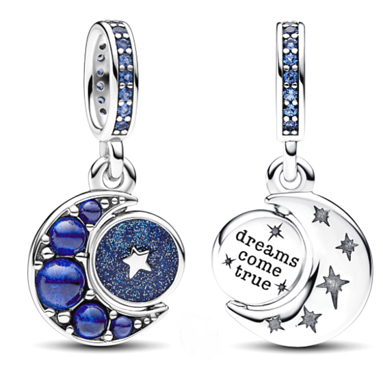 Charm Půlměsíce s královskou modří, hvězdně modrým a světlíkově modrým krystalem, přívěsek na náramek vesmír
