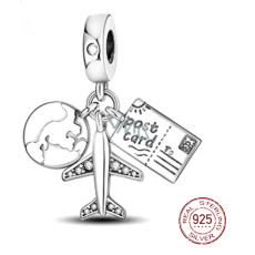 Charm Sterlingové stříbro 925 Cestovní přívěsek na náramek 3v1, glóbus, pas, letadlo cestování