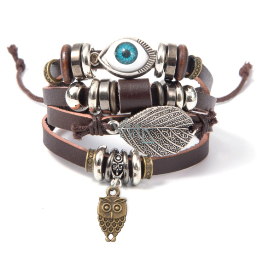 Kožený vícevrstvý náramek, symbol modré oko + sova, nastavitelná velikost Kožený vícevrstvý náramek, symbol modré oko + sova, nastavitelná velikost