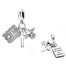 Charm Sterlingové stříbro 925 Duchovní symbol, První přijímání, křest - Bible s bohem jsou všechny věci možné, 3v1 přívěsek na náramek