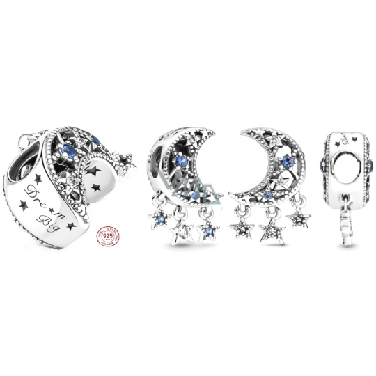 Charm Sterlingové stříbro 925 Půlměsíc a hvězdy, korálek na náramek vesmír Charm Sterlingové stříbro 925 Půlměsíc a hvězdy, korálek na náramek vesmír