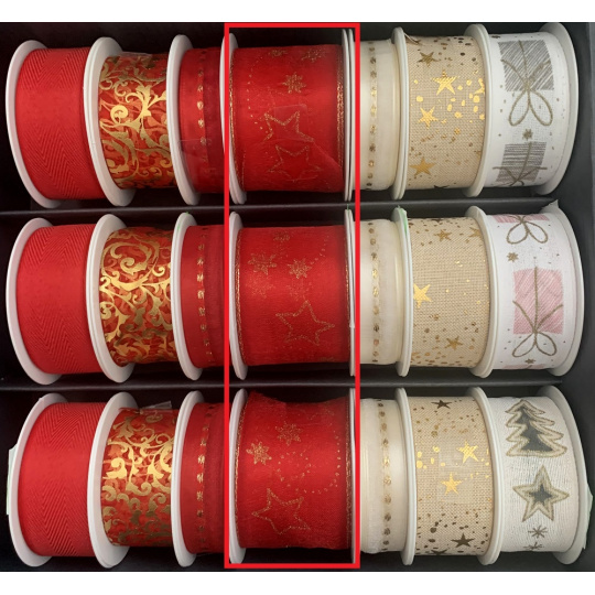 Nekupto Stuha látková vánoční Červená zlaté hvězdičky 40 mm x 2 m