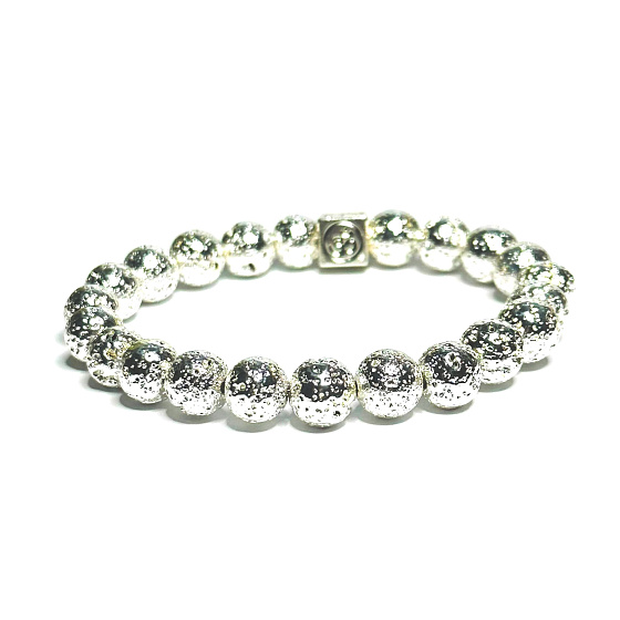 Láva stříbrná barva pokovovaná s královskou mantrou Óm, náramek elastický přírodní kámen, kulička 8 mm / 16 - 17 cm, zrozen ze čtyř živlů