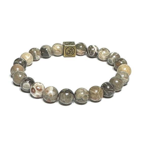 Celestin, chryzantémový s královskou mantrou Óm náramek elastický přírodní kámen, kulička 8 mm / 16 - 17 cm