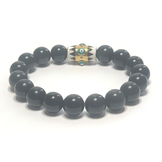 Obsidian + Modré oko náramek elastický přírodní kámen, kulička 10 mm / 16 - 17 cm, kámen záchrany