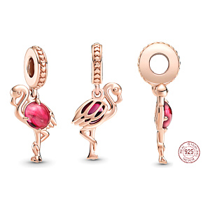 Charm Růžový plameňák s Murano sklem, přívěsek na náramek zvíře