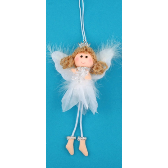 Anděl bílý s peřím, korunkou a vločkou na zavěšení č.2 19 cm