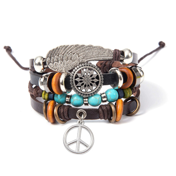 Kožený vícevrstvý náramek, symbol křídlo anděla + Hippies, nastavitelná velikost
