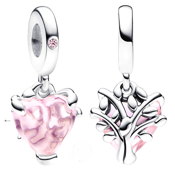 Charm Strom života růžový, jedno srdce, jeden původ, přívěsek na náramek rodina