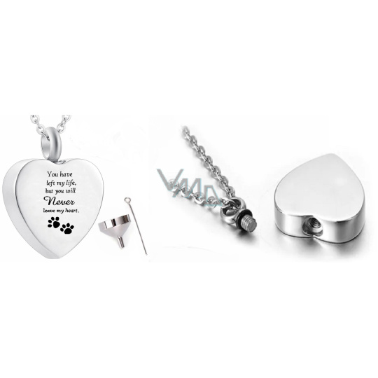 Pamětní, pietní urnový přívěsek, Srdce s tlapkama voděodolné, nerezová ocel 20 x 25 mm + řetízek 50 cm Pamětní, pietní urnový přívěsek, Srdce s tlapkama voděodolné, nerezová ocel 20 x 25 mm + řetízek 50 cm