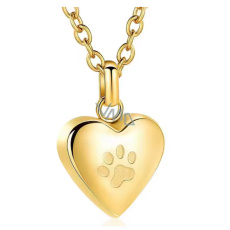 Pamětní, pietní urnový přívěsek, Srdce lesklé zlaté tlapka, voděodolné, nerezová ocel 19 x 18 mm + řetízek 55 cm