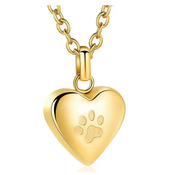 Pamětní urnový přívěsek ve tvaru srdce 19×18 mm – lesklý zlatý, s tlapkou, voděodolný, nerezová ocel, včetně řetízku 55 cm.