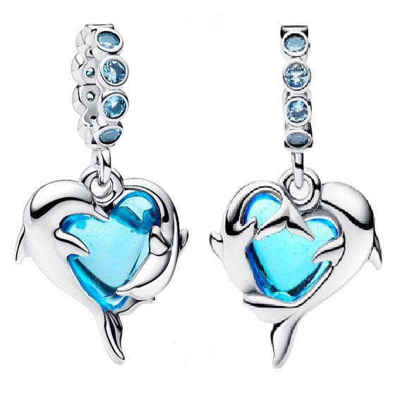 Charm Srdce chráněné delfíny s modrým krystalem, přívěsek na náramek moře