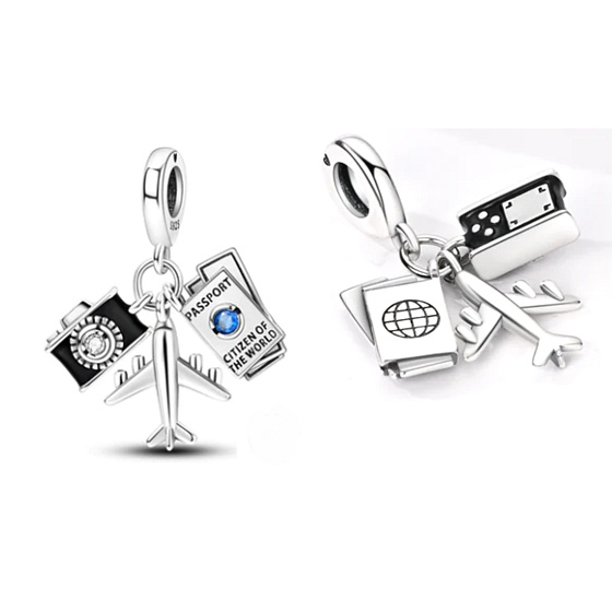 Charm Cestovní pas, letadlo, fotoaparát 3v1, přívěsek na náramek cestování