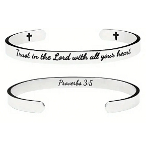 Nerezová ocel náramek stříbrný s gravírováním Věř v Boha..., otevřená manžeta, 6 mm