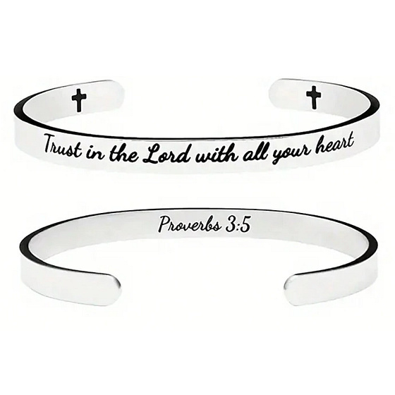 Nerezová ocel náramek stříbrný s gravírováním Věř v Boha..., otevřená manžeta, 6 mm