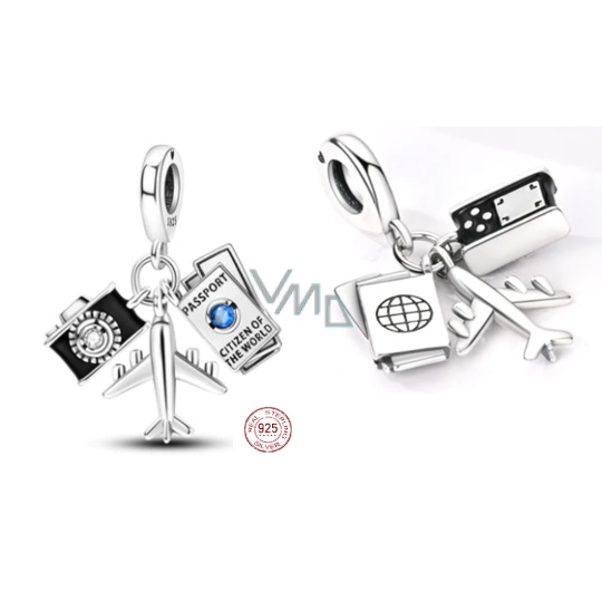 Charm Sterlingové stříbro 925 Cestovní pas, letadlo, fotoaparát 3v1, přívěsek na náramek cestování Charm Sterlingové stříbro 925 Cestovní pas, letadlo, fotoaparát 3v1, přívěsek na náramek cestování