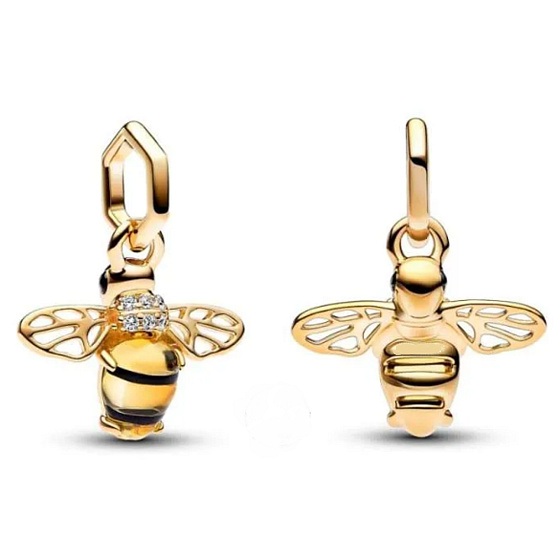 Charm Mini medailon - Včela s černým a sírově žlutým krystalem, přívěsek na náramek zvíře